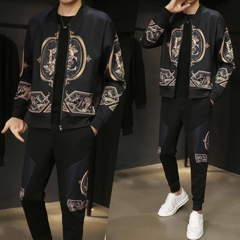 

Baroque Letter Tracksuit Men Set Zipper Printed Jacket Pants Two Piece Set Men Stylish Hip Hop Dance Party Breathable Tracksuit