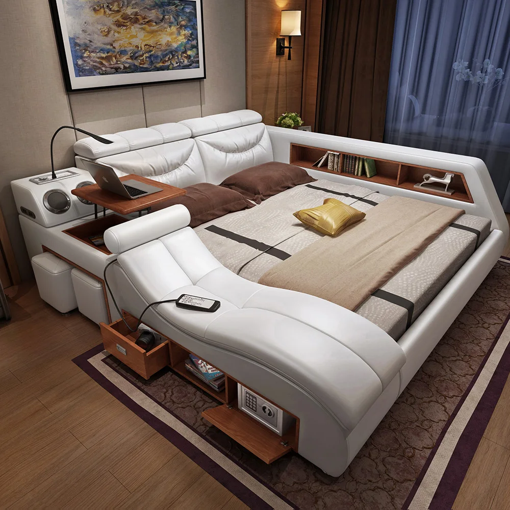 Oficiales parrilla Grado Celsius Genuine Leather King Size Bed Frame Bedroom Furniture Camas Smart Massage  Soft Sofa Bed - Beds - AliExpress