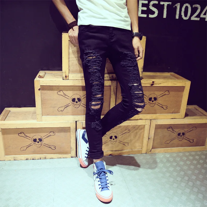 

Online Celebrity Ripped Jeans MEN'S Ninth Pants with Holes Thin Jeans Slim Fit Pants 9 Points Pants Students Korean-style Trend