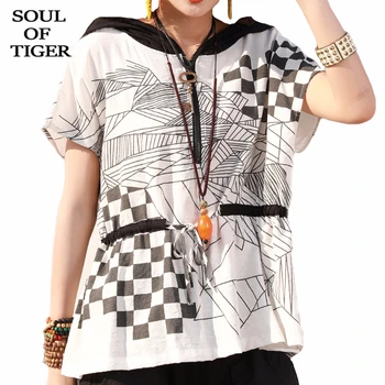 

SOUL OF TIGER 2020 Summer Korean Fashion Designer Ladies Casual Tops Women Loose Plaid Printed Tshirts Vintage Hooded Tee Shirts
