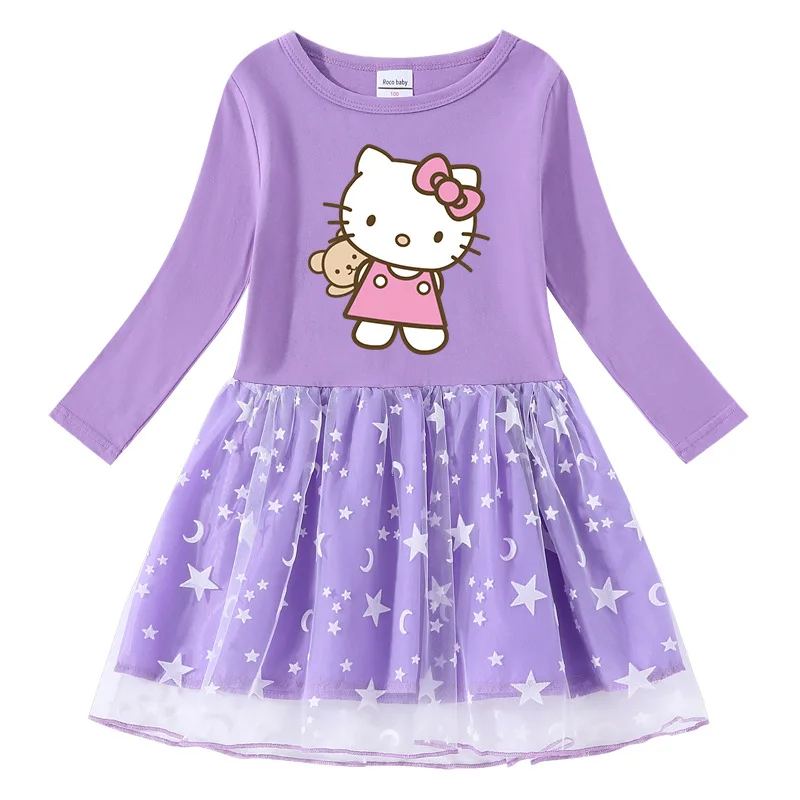 thumbnail image 1 of Hello Kitty primavera y otoño nuevas niñas vestido de algodón con estampado de dibujos animados lindo estrella Luna hilo neto manga larga vestido de princesa plisado, 1 of 5