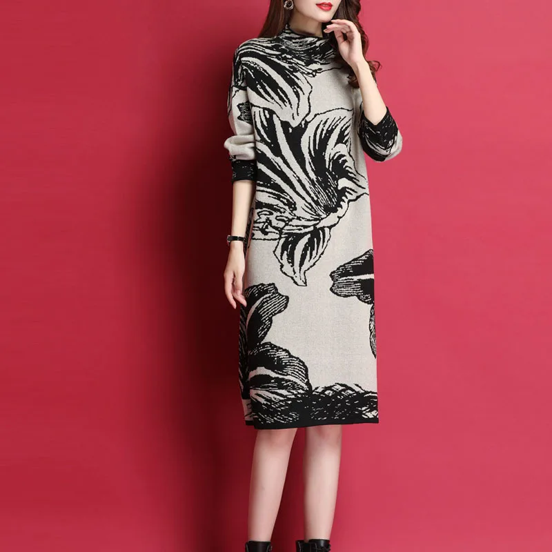 

Autumn Jersey Dress Women's Mid-length Loose-Fit Long Sleeve Base Skirt Europe And America Winter Underwear Sweater Dress