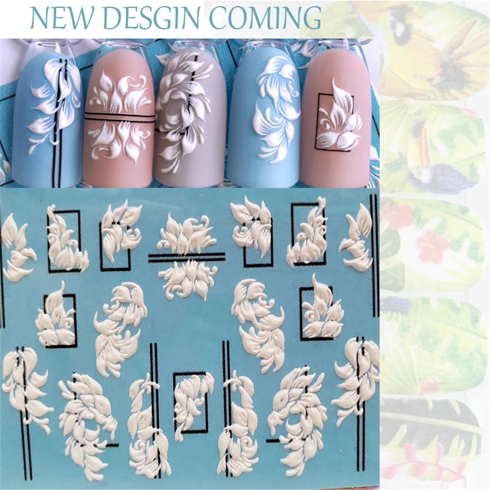 Hot Sale 3D New Acrylic Engraved Nail Sticker black line WHITE PINK FLOWER design Water Decals Empaistic Nail Water Slide Decals (1)