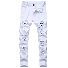 Pantalones vaqueros rasgados de algodón para hombre, Jeans blancos ajustados e informales, elásticos, Hip Hop, gran oferta