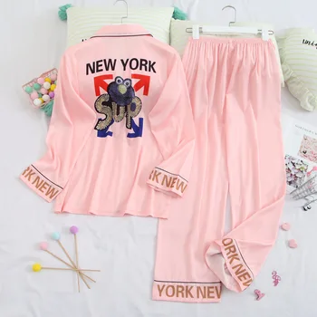 

Pajama Women's Summer Long Sleeve Satin Casual Suit Female Home Clothing Printed Flower Kimono Bath Gown Sexy Wedding Sleepwear