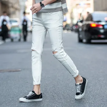 

2019 Brand clothing Fashion Streetwear Men's Jeans Vintage Blue Gray Color Skinny Destroyed Ripped Jeans Broken Punk Pants