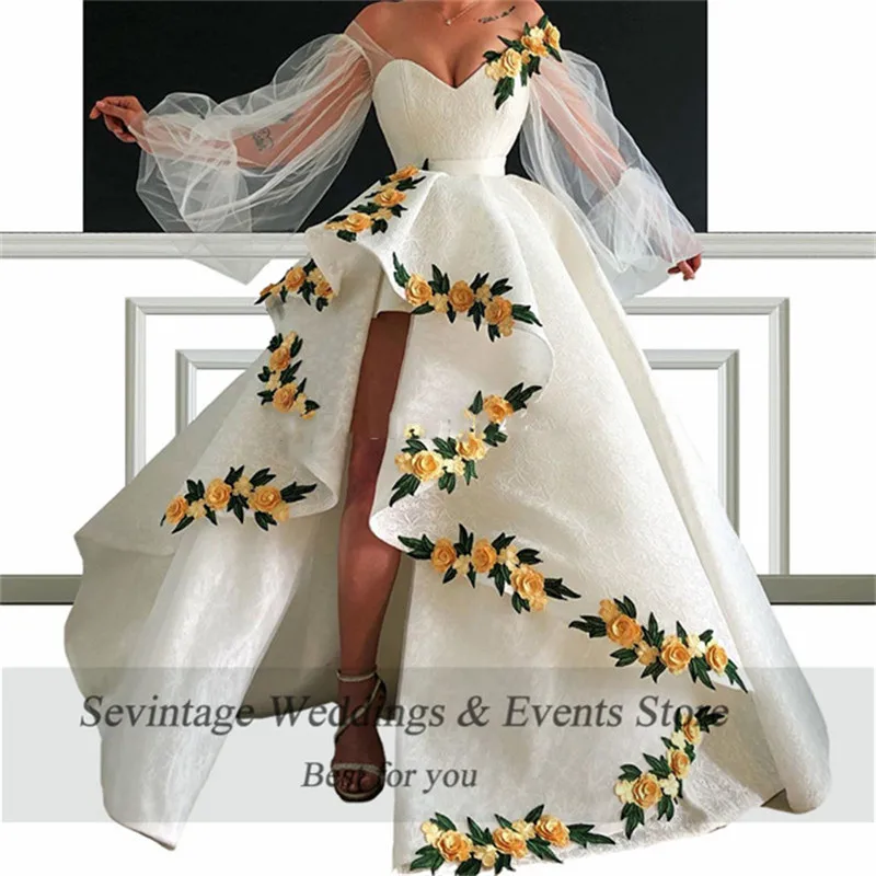 Sevintage Asymmetrical Saudi Arabic Flowers Prom Dresses Off Shoulder Long Puff Sleeves Dubai Lace Evening Gowns Abendkleider