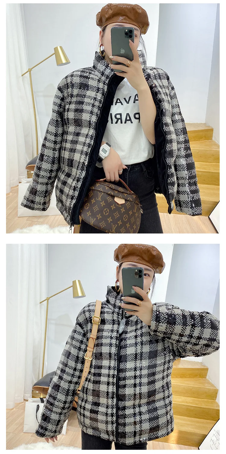 Women Down Jackets Fashion Sequin Stitching White Duck Down Coat New Winter Warm Bomber Jackets Ladies Short Bling-bling Shiny