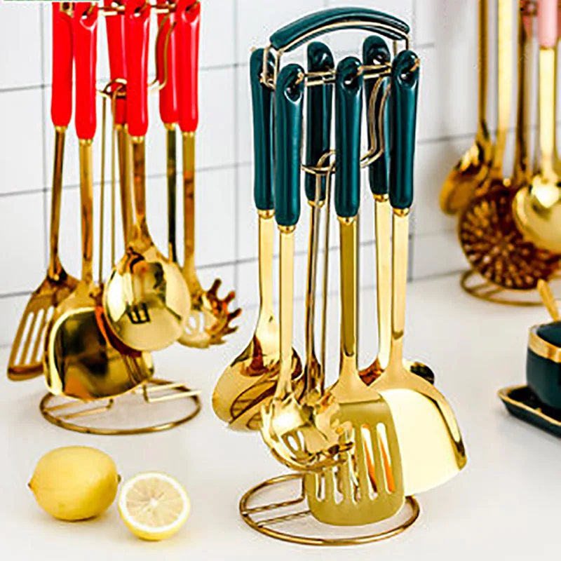 Ceramic Anti-hot Handle Kitchenware Luxury Food Shovel Set Of 7 Pieces Ins Cooking Scoop Colander Golden Series noodle strainer | Дом и сад