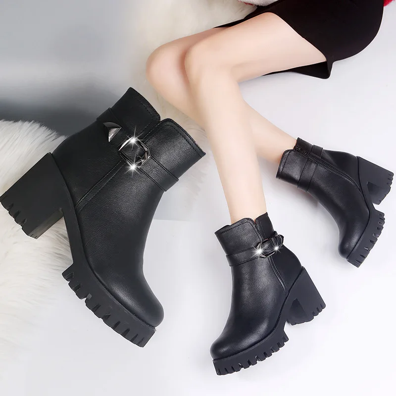 

2018 Autumn And Winter New Style Korean-style Versatile plus Velvet WOMEN'S Boots Chunky Heel Semi-high Heeled Martin Boots Tube
