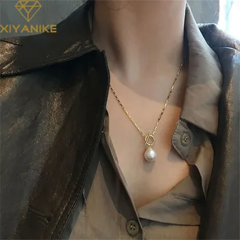 

XIYANIKE 925 Sterling Silver Long Seawater Pearl Necklace Female Fashion OT Buckle Clavicle Chain Golden Niche Design Retro