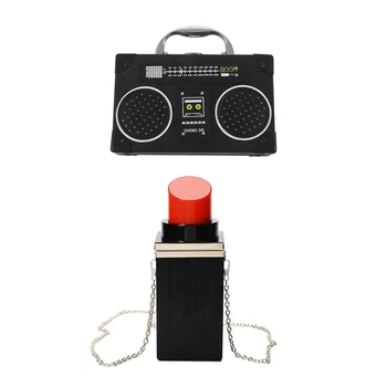

NEW-2 Pcs Women Shoulder Bag: 1 Pcs Radio Box PU Leather Messenger Bag & 1 Pcs Lipstick Shaped Evening Bags Purses Clutch