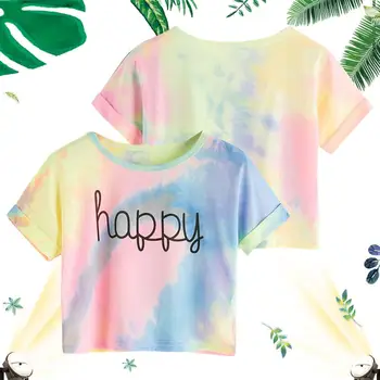 

Trendy Happy Letter Printed Rainbow Female T-shirt Pastel Tie Dye T-Shirt Women T-shirt Letter Print Tee