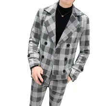 2019 autumn double-breasted men's plaid suit 2-piece suit (blazer + suit pants) men's fashion casual Slim large size plaid suits