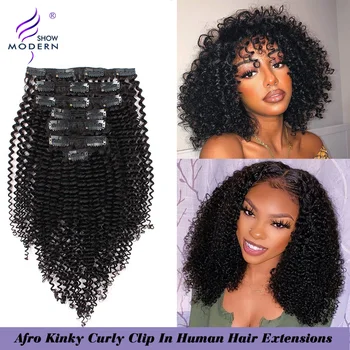 

Modern Show Clips In Brazilian Hair Afro Kinky Curly Clip In Human Hair Extensions Full Head 8 Pieces 120g/Set Natural Color