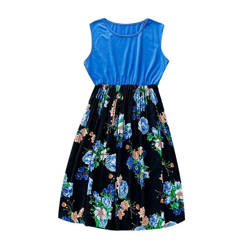 Parent-child Dress Mommy and Me Sleeveless O-Neck Patchwork Floral Print Princess Sundress Dress Casual Family Dresses Clothes - Цвет: Mommy Blue