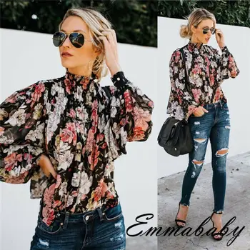

Meihuida Women Blouse Bohemian Flower Print Lantern Sleeve Turtleneck Chiffon Blouse Office Lady Elegant Shirt