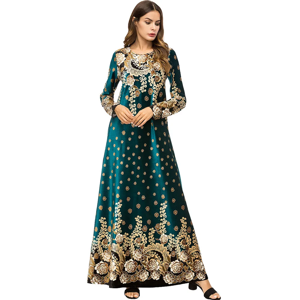 

Long-sleeved Fashion Boutique Print Ankle-Length Dress Elegant Floral Long Muslim Robe Round Neck Pullover Retro Party Dresses
