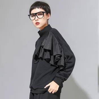 

Women Contrast Color Ruffles Split Big Size T-shirt New High Collar Long Sleeve Fashion Tide Spring Autumn 2019
