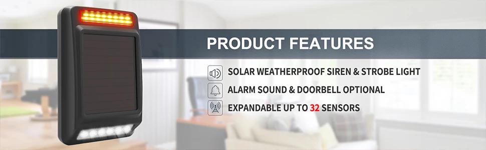 HTZSAFE Solar Wireless Alarm System-800 Meters Wireless Range-100 Meters Sensor Range-Solar Siren & Strobe-DIY Home Security car burglar alarm system