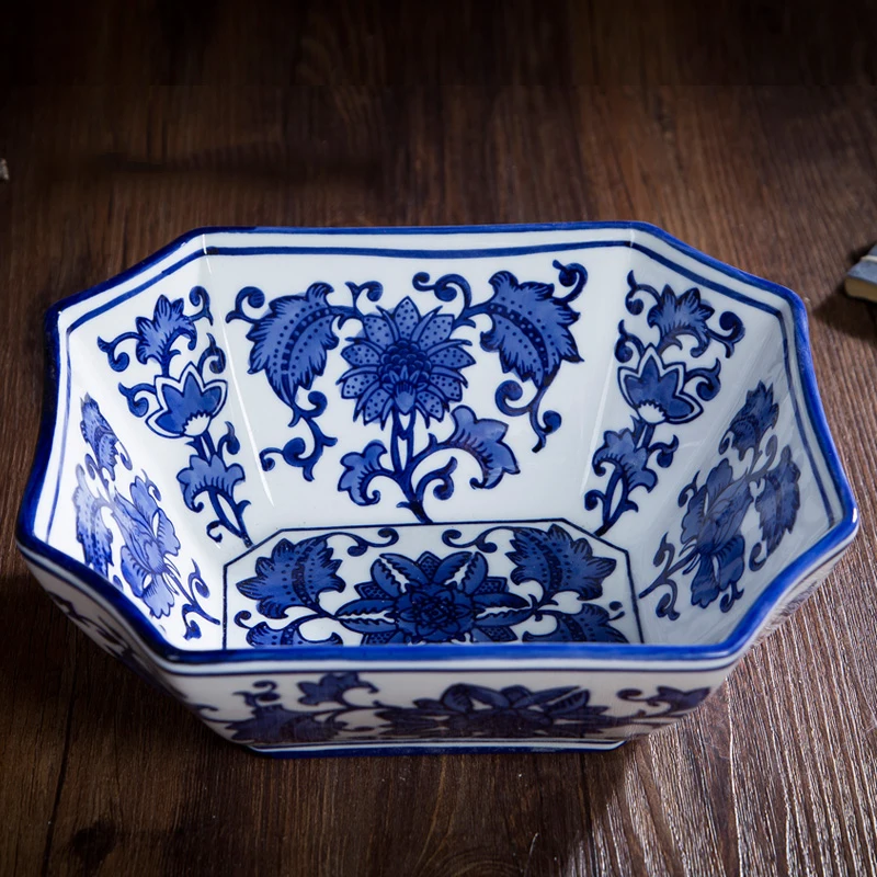 

Handpainted Chinese Blue and white Floral Art Design Fruit Bowl for fruit dessert Serving Bowl
