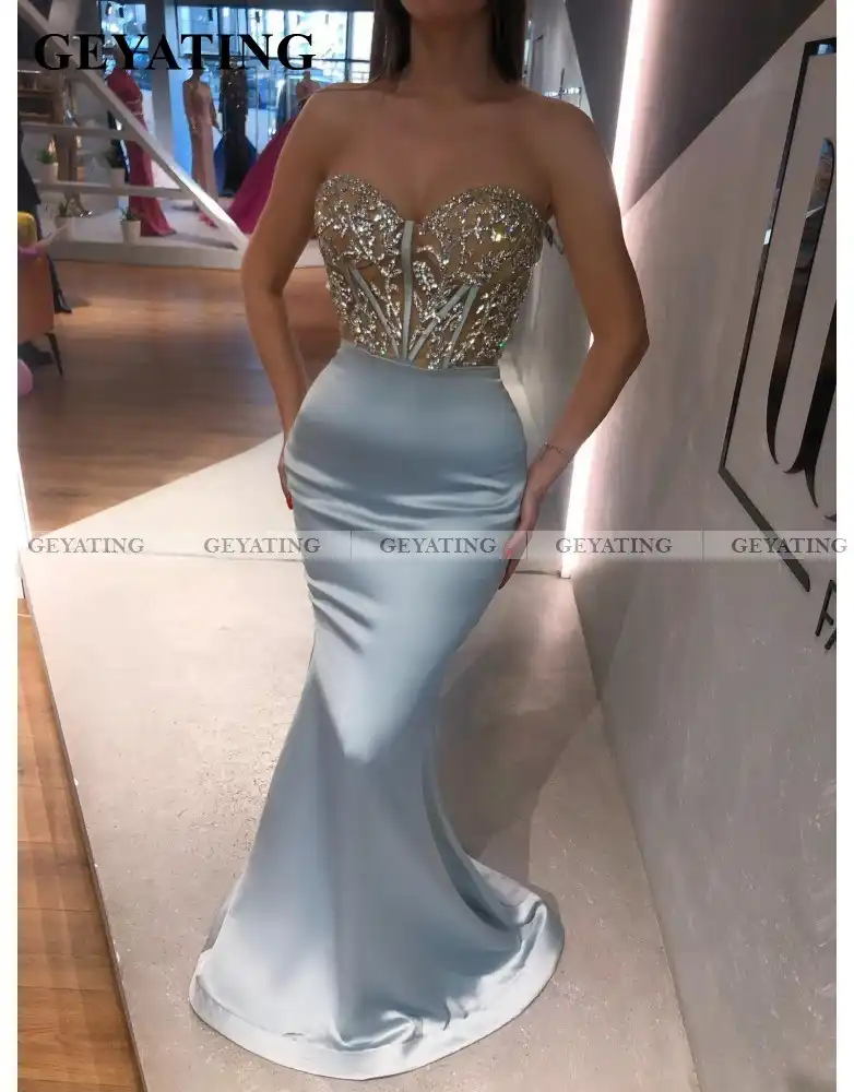 Arabic Mermaid Satin Light Blue Beaded Evening Gowns Elegant Women Long Dubai Prom Dresses 2020 Plus Size Special Ocassion Dress Evening Dresses Aliexpress