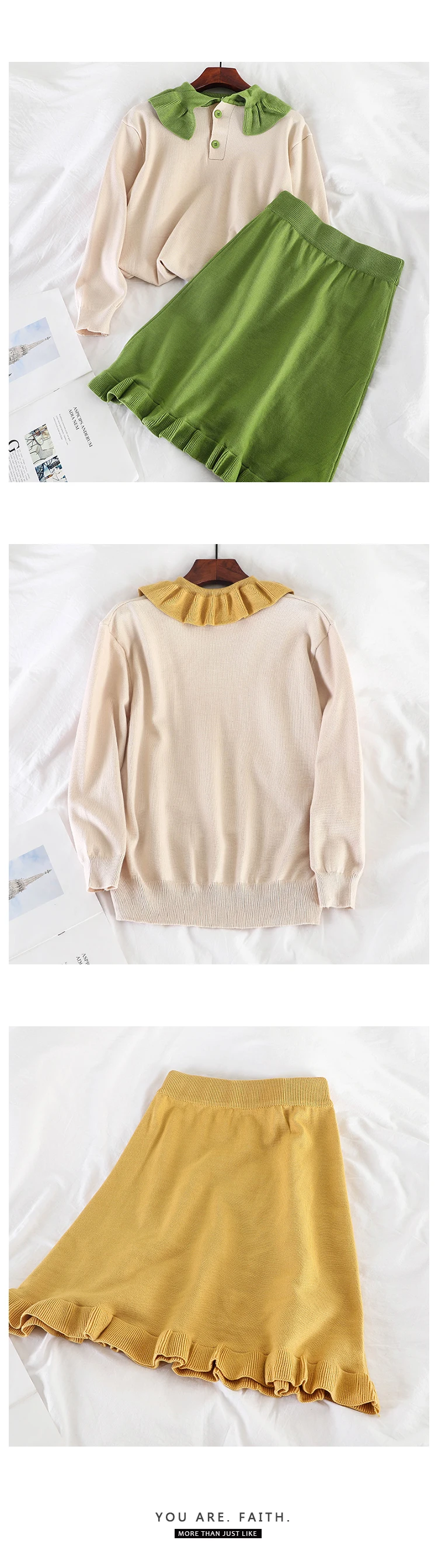 Neploe/осенние женские вязаные комплекты из двух предметов контрастный цвет, свитер с оборками и воротником+ юбка в стиле преппи, повседневные Костюмы 54856