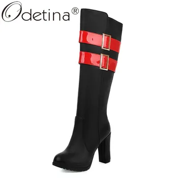 

Odetina Fashion Women Block High Heel Ankle Strap Knee High Boots Zip Up Round Toe Platform Long Boots Mixed Color Plus Size 43