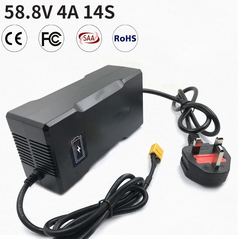 58,8 V 4A 14S CE ROHS cargador de batería de litio para 14S 48V (51,8 V, 52V) Paquete de batería Li-Ion Lipo para coche o bicicleta eléctrica AC100V-240V