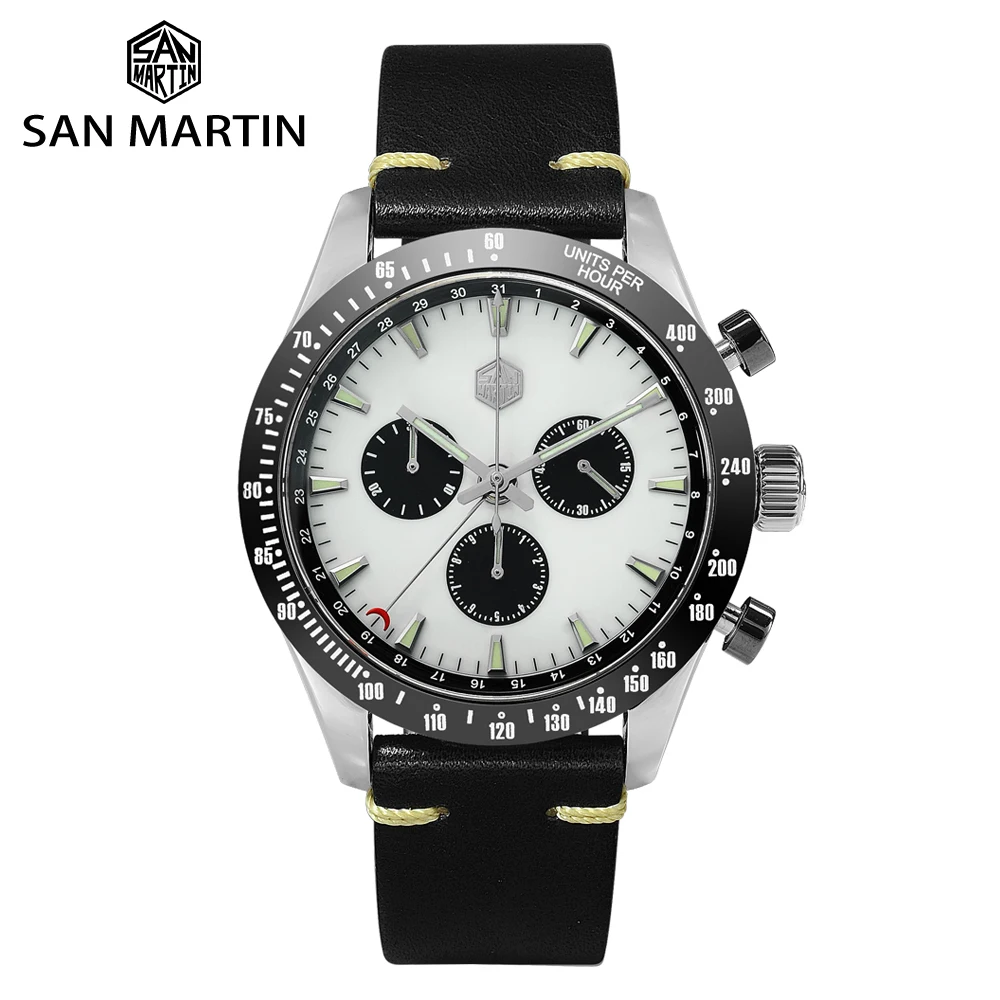 

San Martin Stainless Steel Men Quartz Chronograph Watch Swiss Ronda 5040 F Sapphire Ceramic Bezel Leather Luminous Waterproof