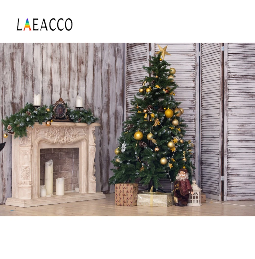 

Laeacco Christmas Tree Photo Background Fireplace Wooden Boards Interior Scene Wood Screen Gift Light Photographic Backdrop