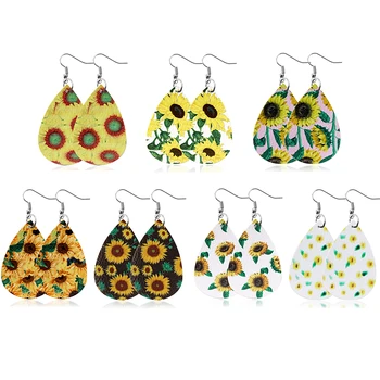 

7Pairs/lot Sunflower 2020 Spring Faux Leather Earings Set For Women Teardrop Yellow Boho Earrings Korean Fashion Leather Earring