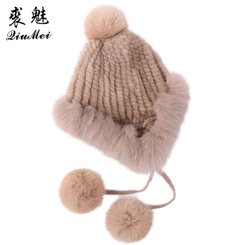 

Women's Hat 2020 Mink Fur Genuine Knitted Winter Hats For Women Fox Pompom Real Fur Skullies Beanies Earmuff Trapper Earflap Cap
