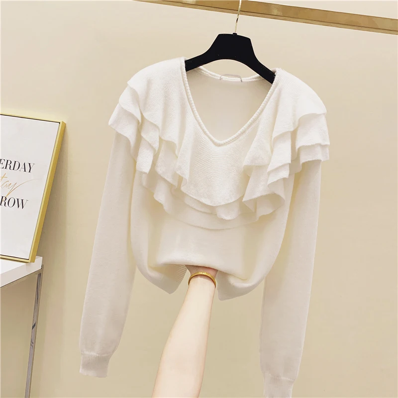 2020 Autumn Winter Women's V Neck Luxury Flouncing Long Sleeves Knitted Tops Sweater Ladies All-Match Pullover Sweaters A3725 | Женская