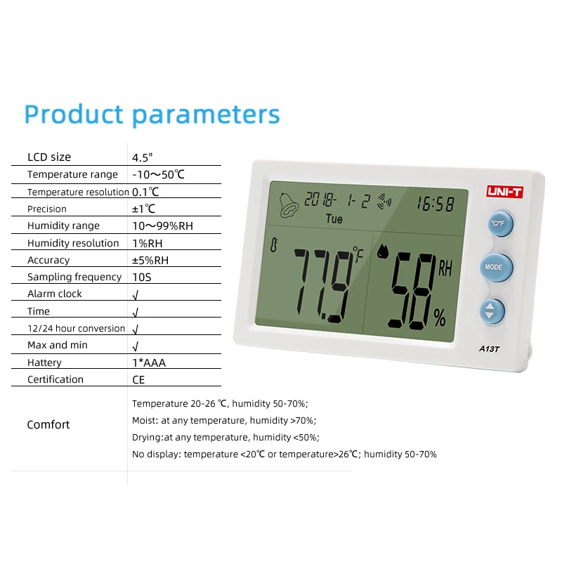 A13T Измеритель температуры и влажности Отображение температуры и влажности Дата/неделя и время Таблица температуры и влажности в помещении