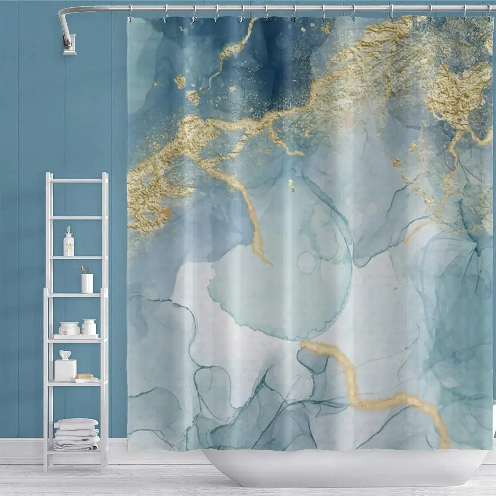 

Абстрактная синяя занавеска для душа с мраморной текстурой и золотой инкрустацией, фантазийные водонепроницаемые занавески для душа