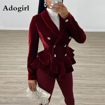 

Velvet Women Double Breasted Blazers Coat Notched Full Sleeve Ruffles Hems Office Lady Outfit High Street Business Work Blazers