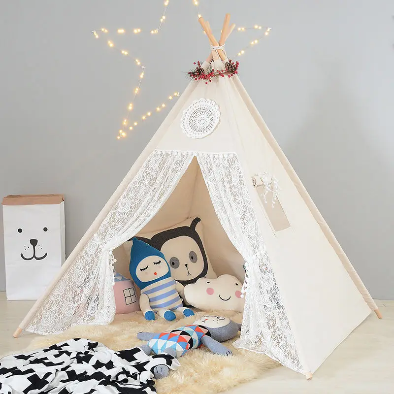Кружевная палатка Tipi для детей, натуральные вигвамы из полотна для детского игрового домика, складная Игровая палатка для детского чтения, индийская палатка Tipi