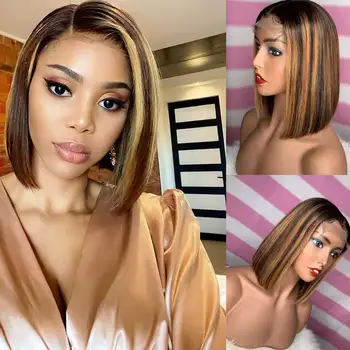 

Atina 150% Density 13*6 Deep Part Lace Front Human Hair Wig Short Straight Bob Ombre Highlight Pre Plucked Brazilian Remy Hair