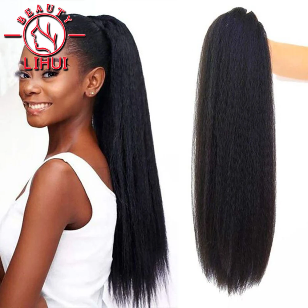 Lihui 24Inch Long Ponytail Extension Yaki Straight Fake Hair Ponytail Black Blonde Synthetic Hairpiece Wrap On Clip Hair fake hair extensions