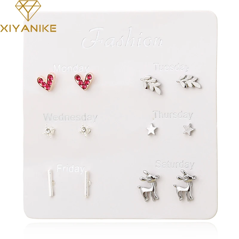 

XIYANIKE 6 pairs Fashion Silver Plastic Stud Earrings Sets For Women Girls Cute Mini Heart Star Crystal Deer Shaped Ears Jewelry