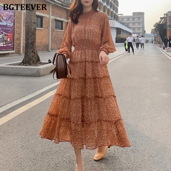 

BGTEEVER Vintage Floral Print Women Chiffon Dress Stand Collar Lantern Sleeve Slim Waist Midi Dress Female Vestidos 2020 Spring