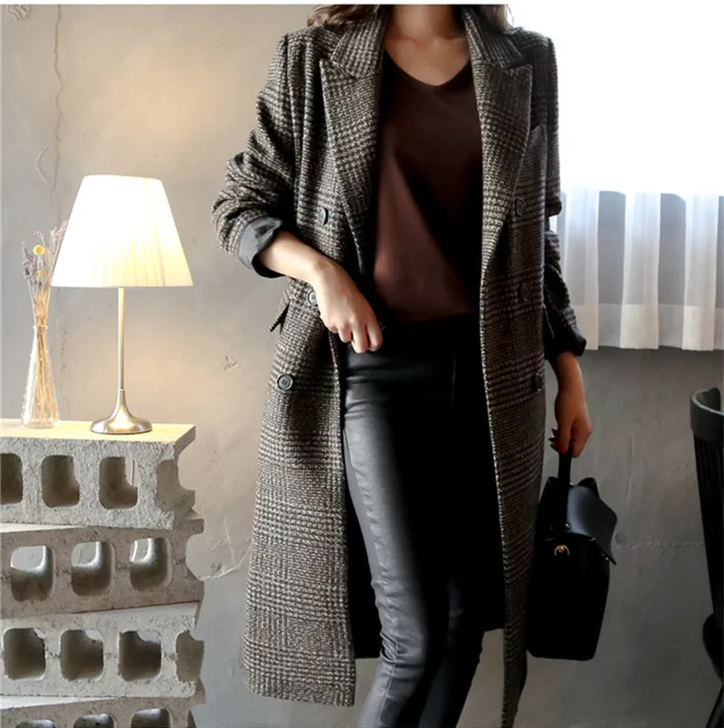 Photo Shoot Winter Korean-style Retro Thousands of Birds Suit Collar Overcoat Women's over-the-Knee Mid-length Slit-Back Woolen