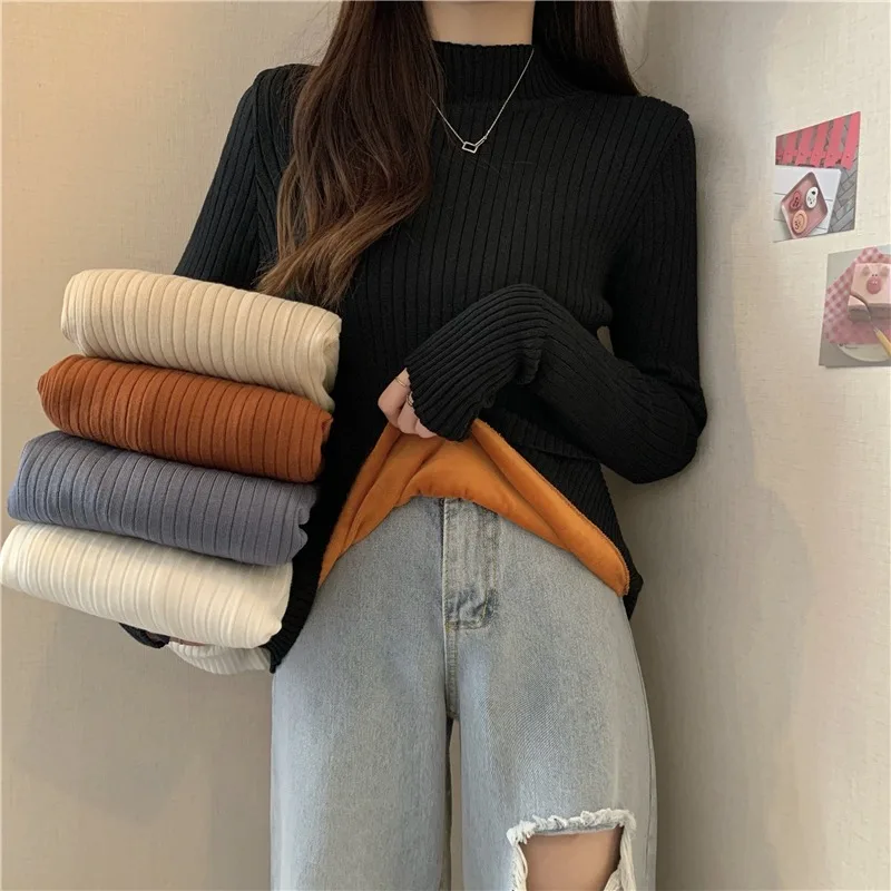 

Трикотажный Джемпер с воротником-хомутом, Женский бархатный толстый Однотонный свитер в полоску, теплый пуловер, новинка 2021