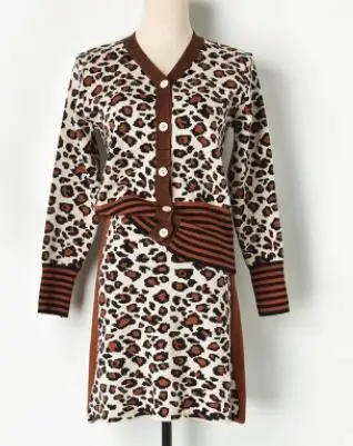 pic color 2 piece knitted set women Single Breasted Leopard Printed Sweater Cardigan+ Elastic Waist A line Mini Skirt Matching Sets Suit - Color: pic color