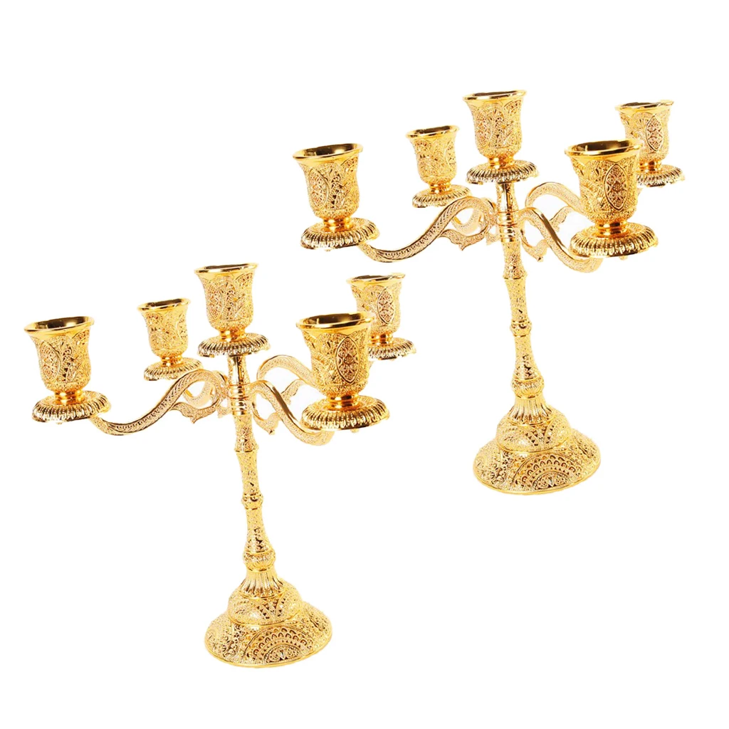 2pcs Luxurious Gold Color Candelabra Candle Holder, 5 Arms Gift for Weddings, Home, Party, Spa, Votive Candle Garden