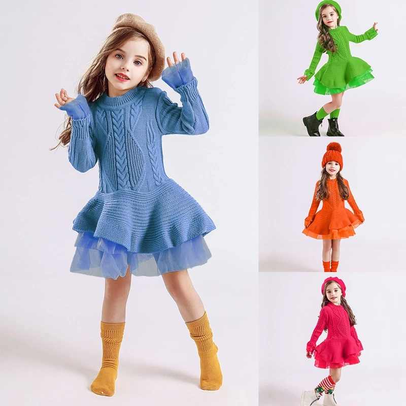 Детское платье-свитер для маленьких девочек; вязаное платье; зимнее теплое однотонное платье из тюля в стиле пэчворк; вязаные крючком вечерние платья принцессы на свадьбу; Vestido