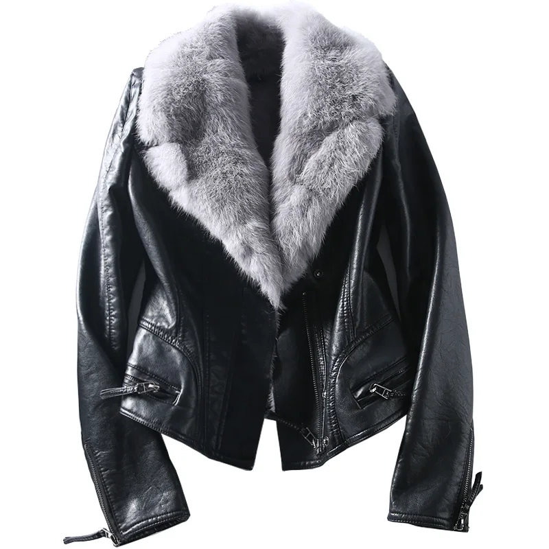 Короткая кожаная куртка с воротником из кроличьего меха женская бархатная Толстая осенне-зимняя Корейская тонкая теплая куртка из искусственной кожи NS1541