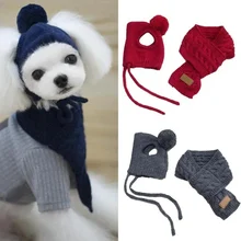 

Knitted Hat+Scarf Collar Puppy Teddy Costume Christmas Clothes Santa Dog Costume Hat for Dogs Winter Warm Stripes