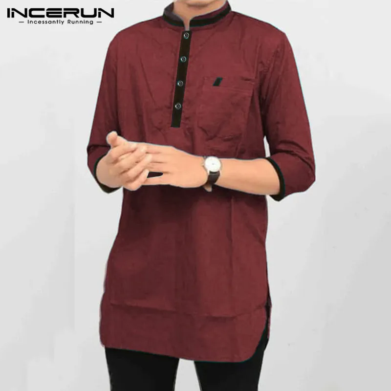 Мужская Повседневная рубашка со стоячим воротником и карманами в стиле пэчворк, шикарные хлопковые винтажные мужские рубашки с 3/4 рукавом, индийская одежда, костюм INCERUN